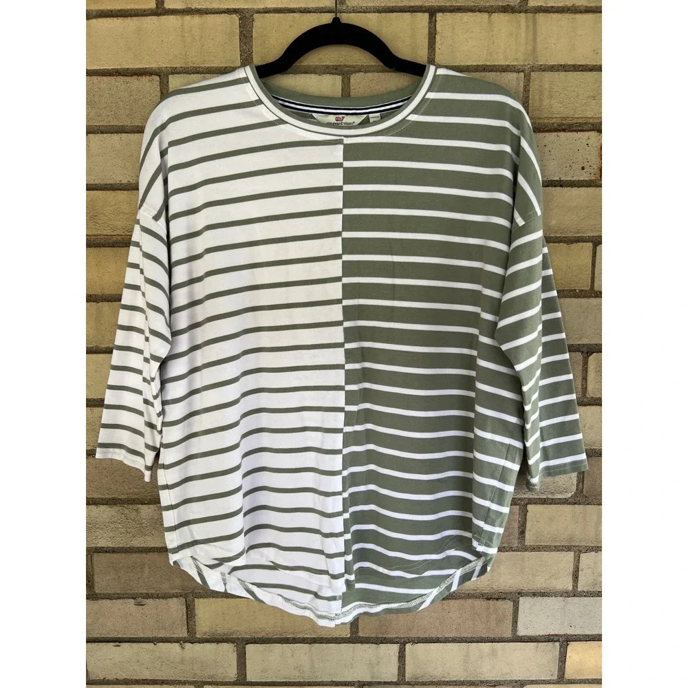 Vineyard Vines Olive Green White Striped Colorblock Knit Top Sz XS Cotton Modal - Picture 1 of 4